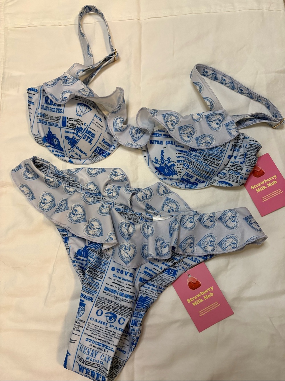 Strawberry Milk Mob White & Blue Newspaper Print Ruffle Bikini Set